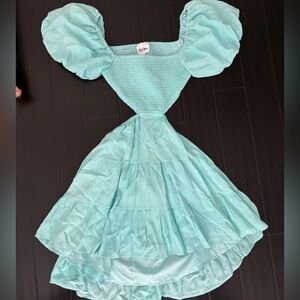 TurquoiseMini Dress with Puff Sleeves and Fitted Waist